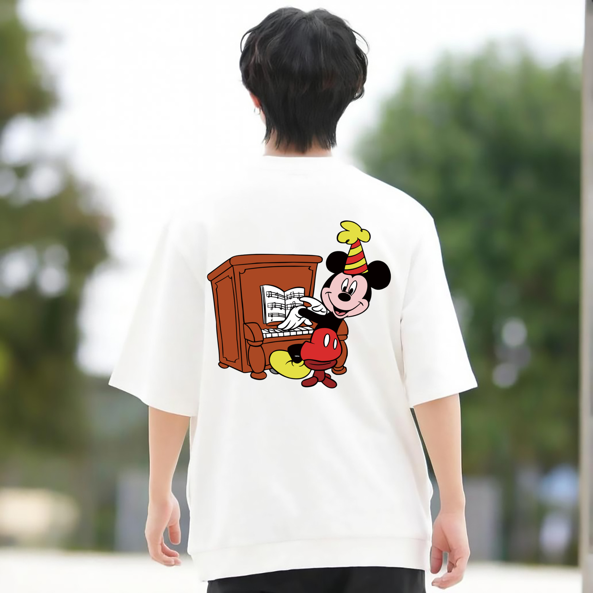 ミッキーマウス Mickey Mouse 綿100％ メンズ半袖Tシャツ（バックプリント） 通気性
