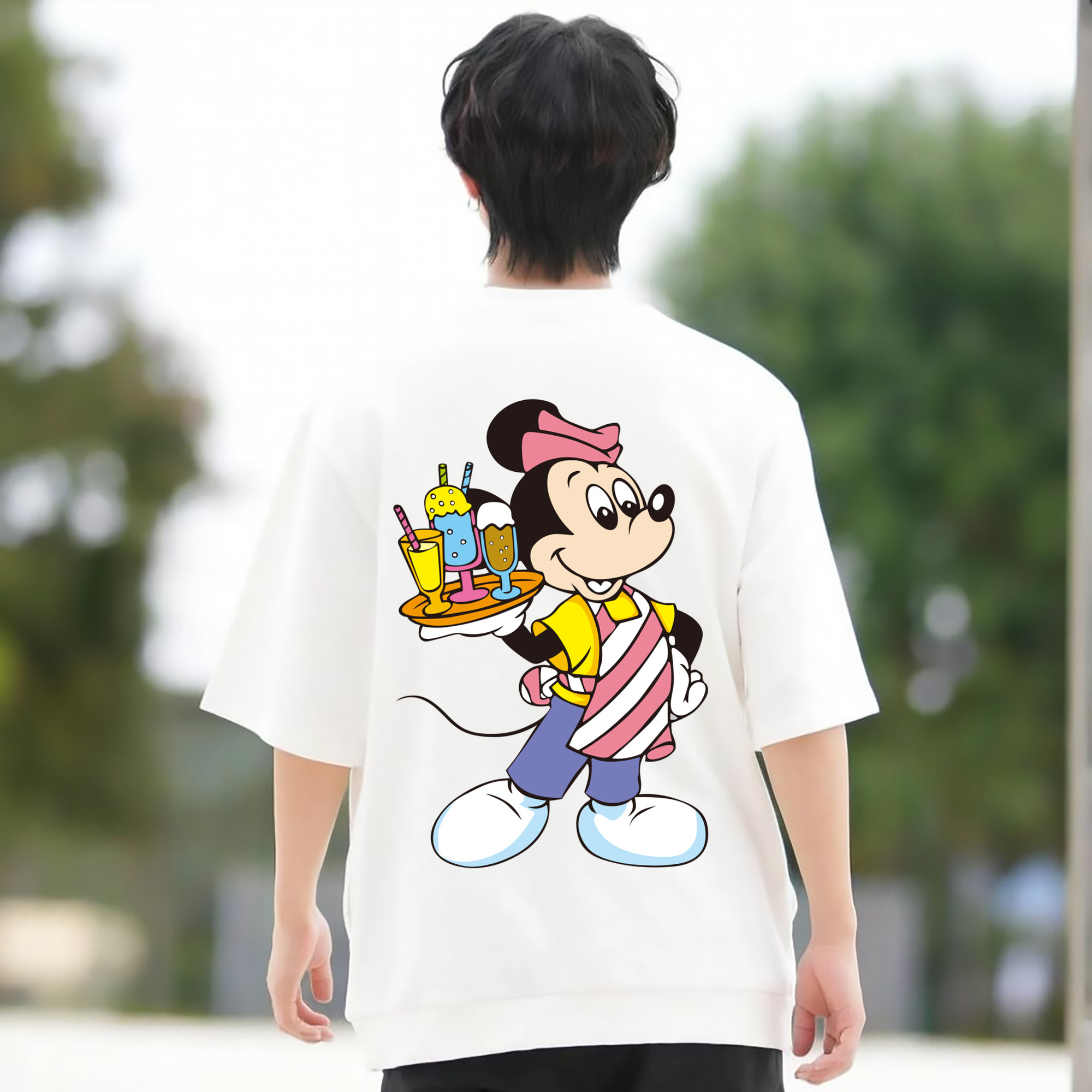ミッキーマウス Mickey Mouse 綿100％ メンズ半袖Tシャツ（バックプリント） 通気性