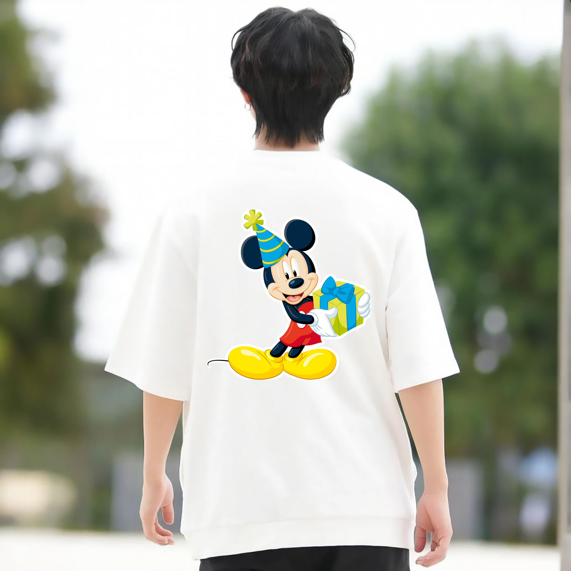 ミッキーマウス Mickey Mouse 綿100％ メンズ半袖Tシャツ（バックプリント） 通気性