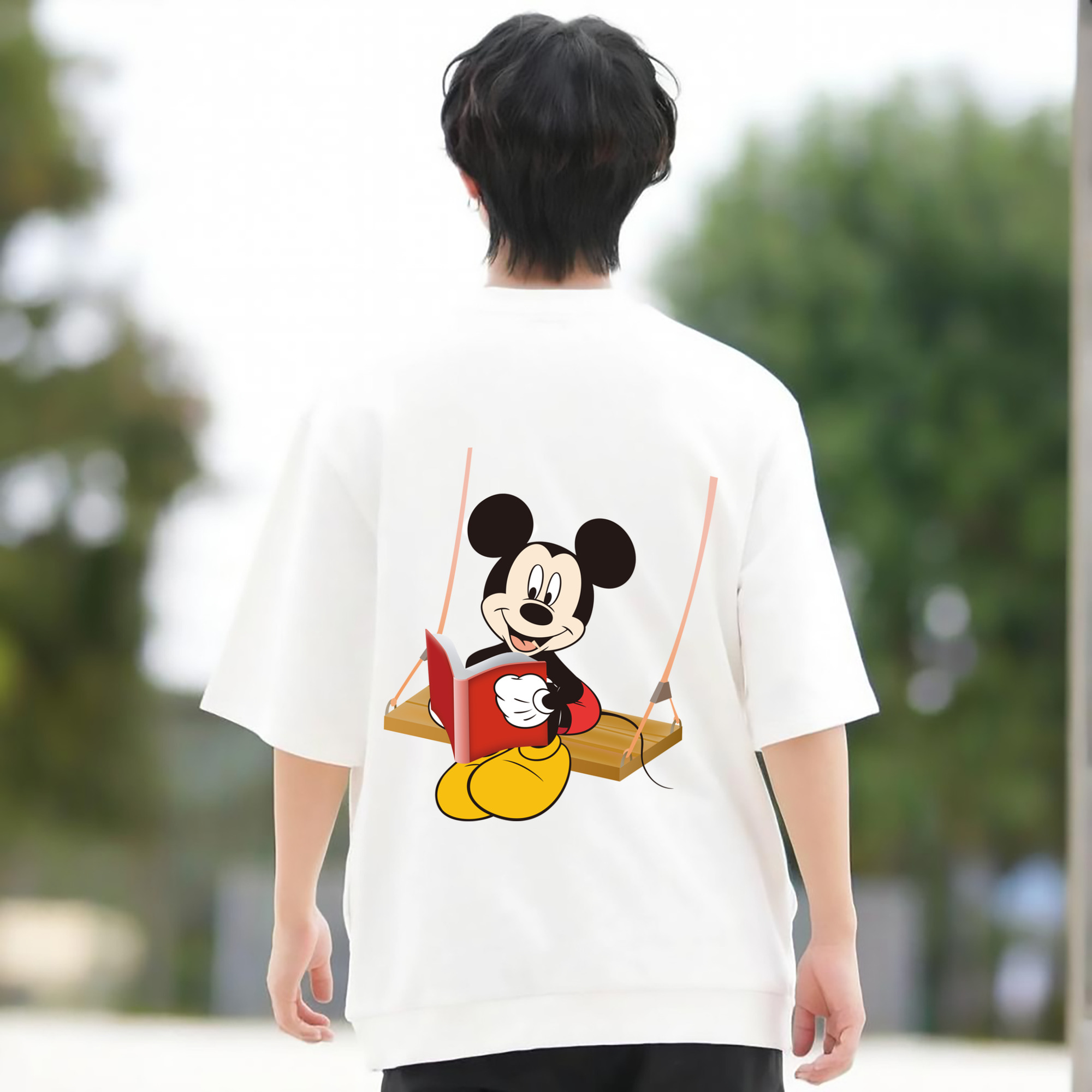 ミッキーマウス Mickey Mouse 綿100％ メンズ半袖Tシャツ（バックプリント） 通気性