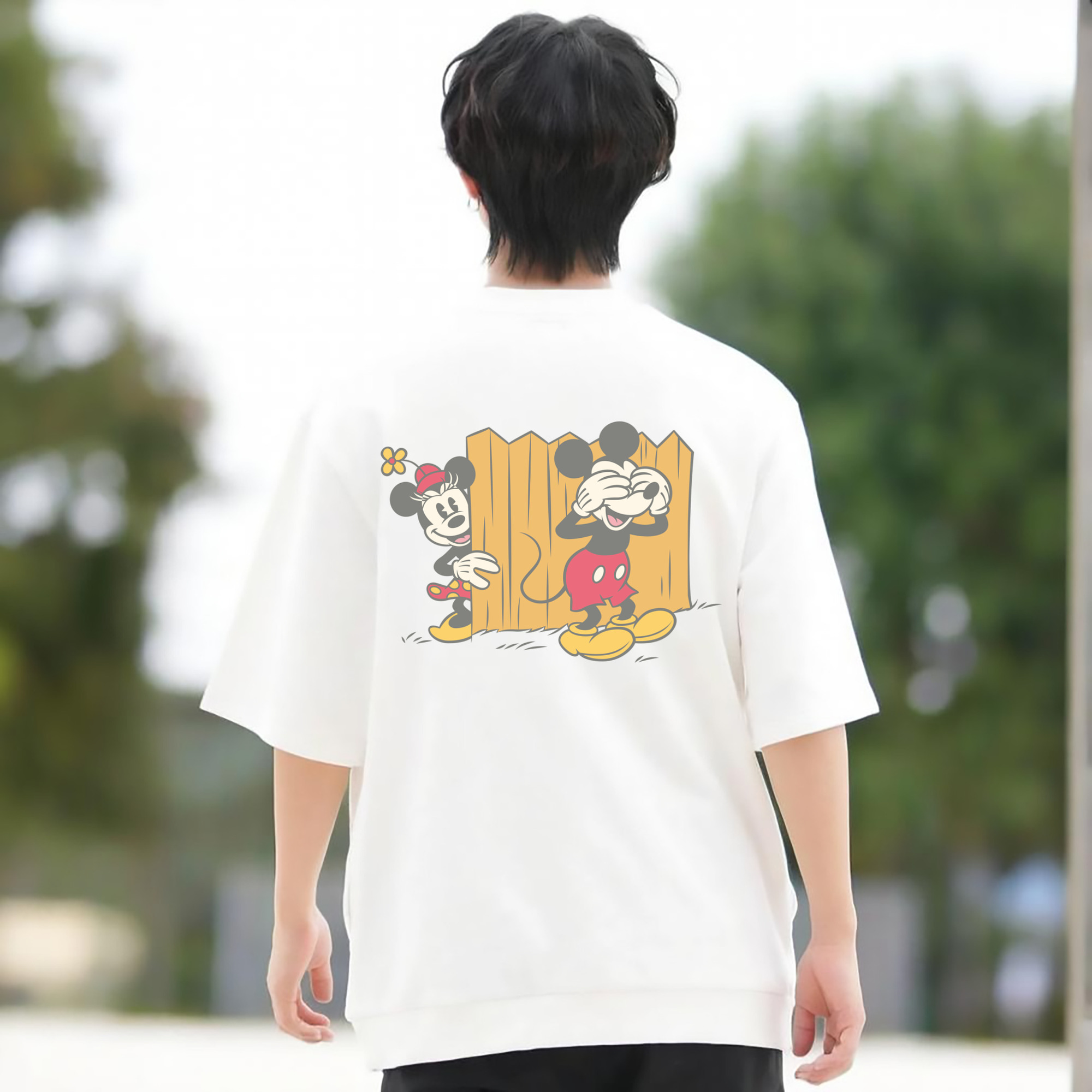 ミッキーマウス Mickey Mouse 綿100％ メンズ半袖Tシャツ（バックプリント） 通気性