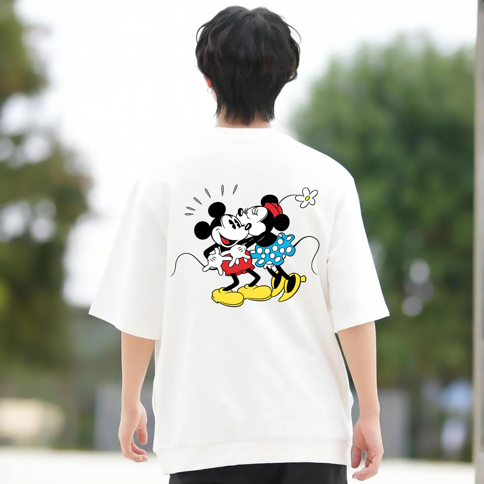 ミッキーマウス Mickey Mouse 綿100％ メンズ半袖Tシャツ（バックプリント） 通気性