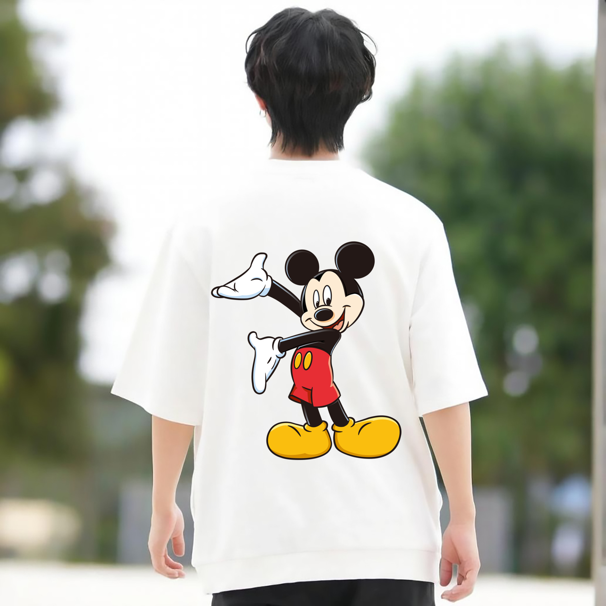 ミッキーマウス Mickey Mouse 綿100％ メンズ半袖Tシャツ（バックプリント） 通気性