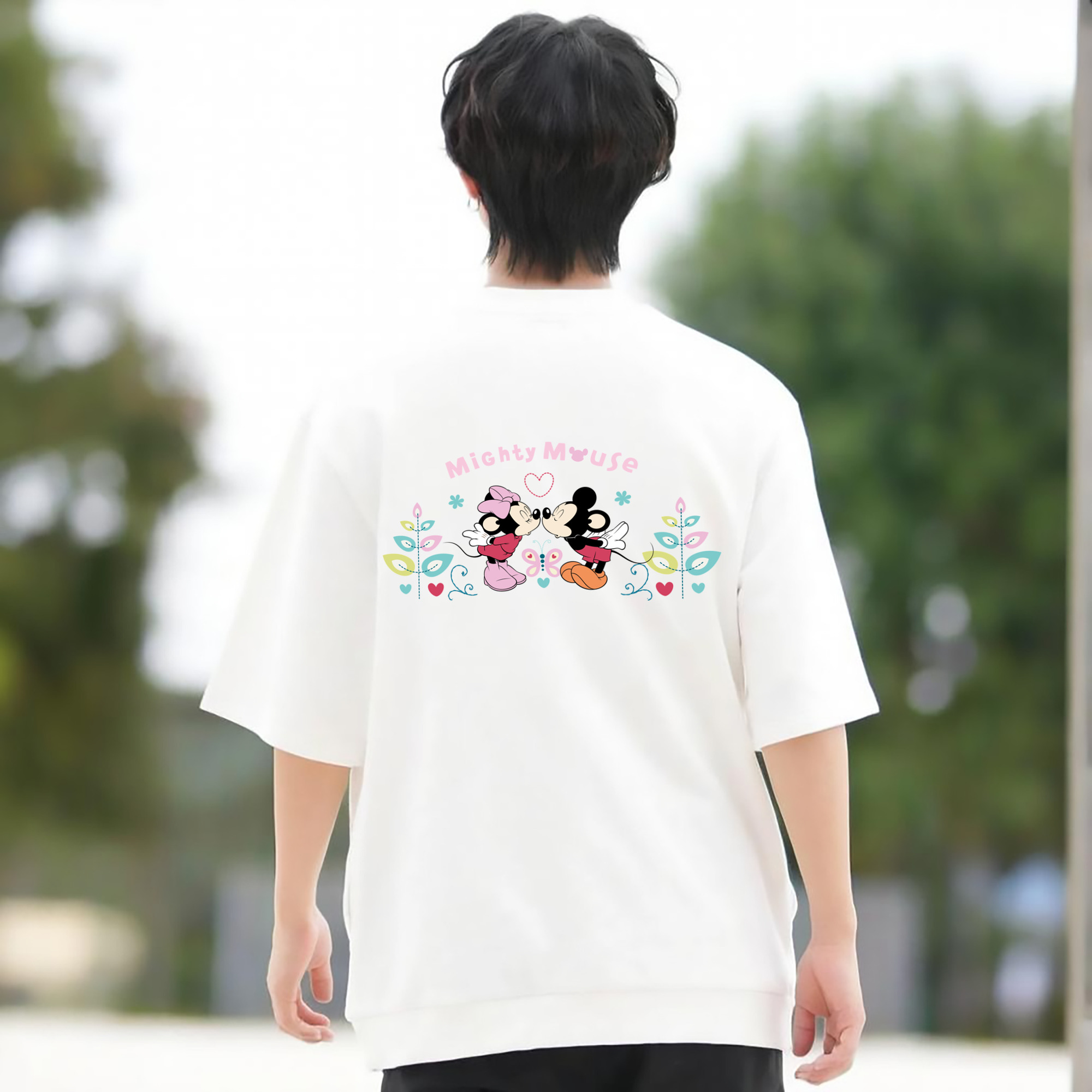 ミッキーマウス Mickey Mouse 綿100％ メンズ半袖Tシャツ（バックプリント） 通気性