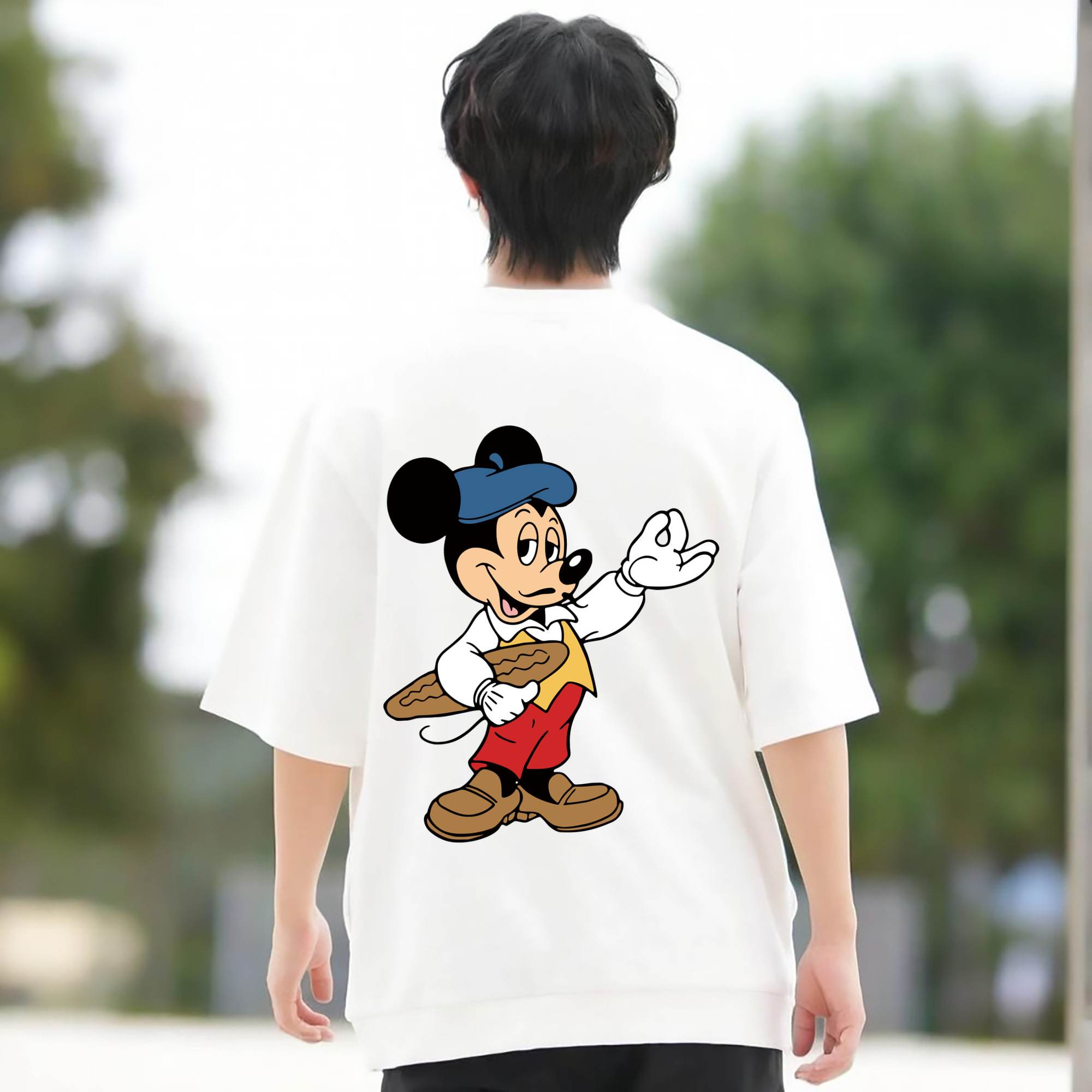 ミッキーマウス Mickey Mouse 綿100％ メンズ半袖Tシャツ（バックプリント） 通気性