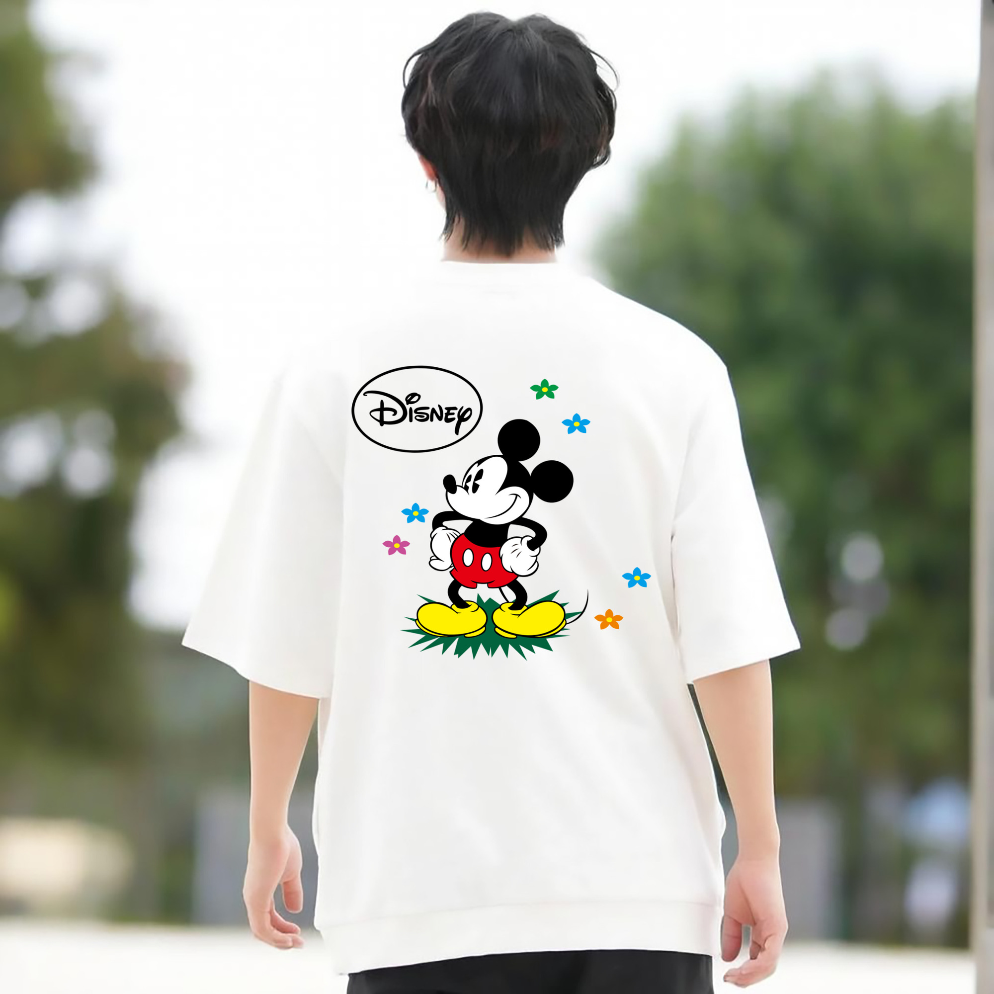 ミッキーマウス Mickey Mouse 綿100％ メンズ半袖Tシャツ（バックプリント） 通気性