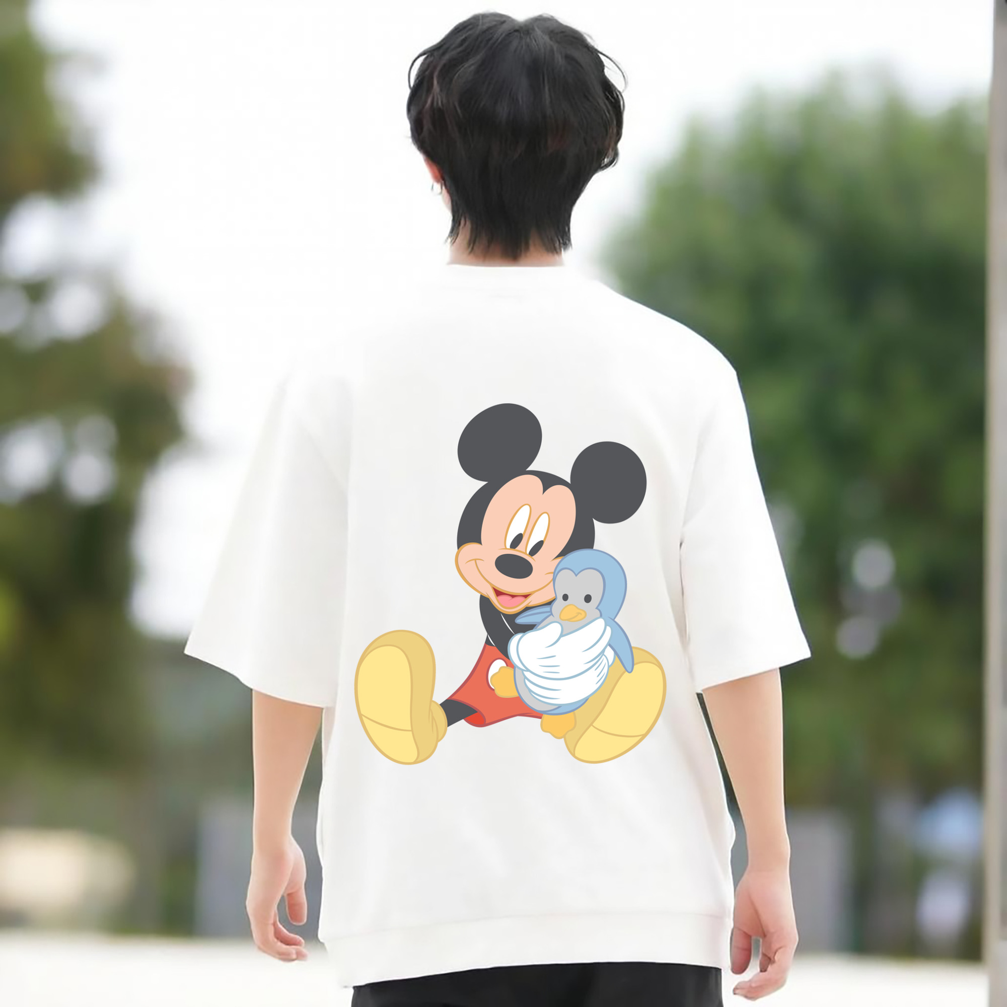 ミッキーマウス Mickey Mouse 綿100％ メンズ半袖Tシャツ（バックプリント） 通気性