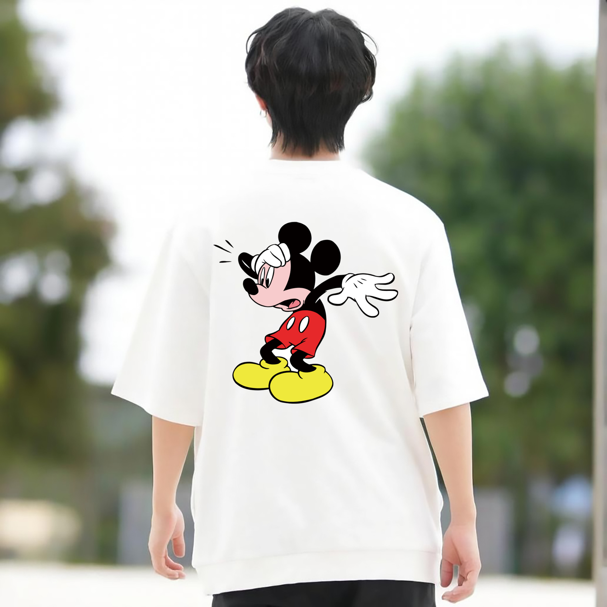 ミッキーマウス Mickey Mouse 綿100％ メンズ半袖Tシャツ（バックプリント） 通気性