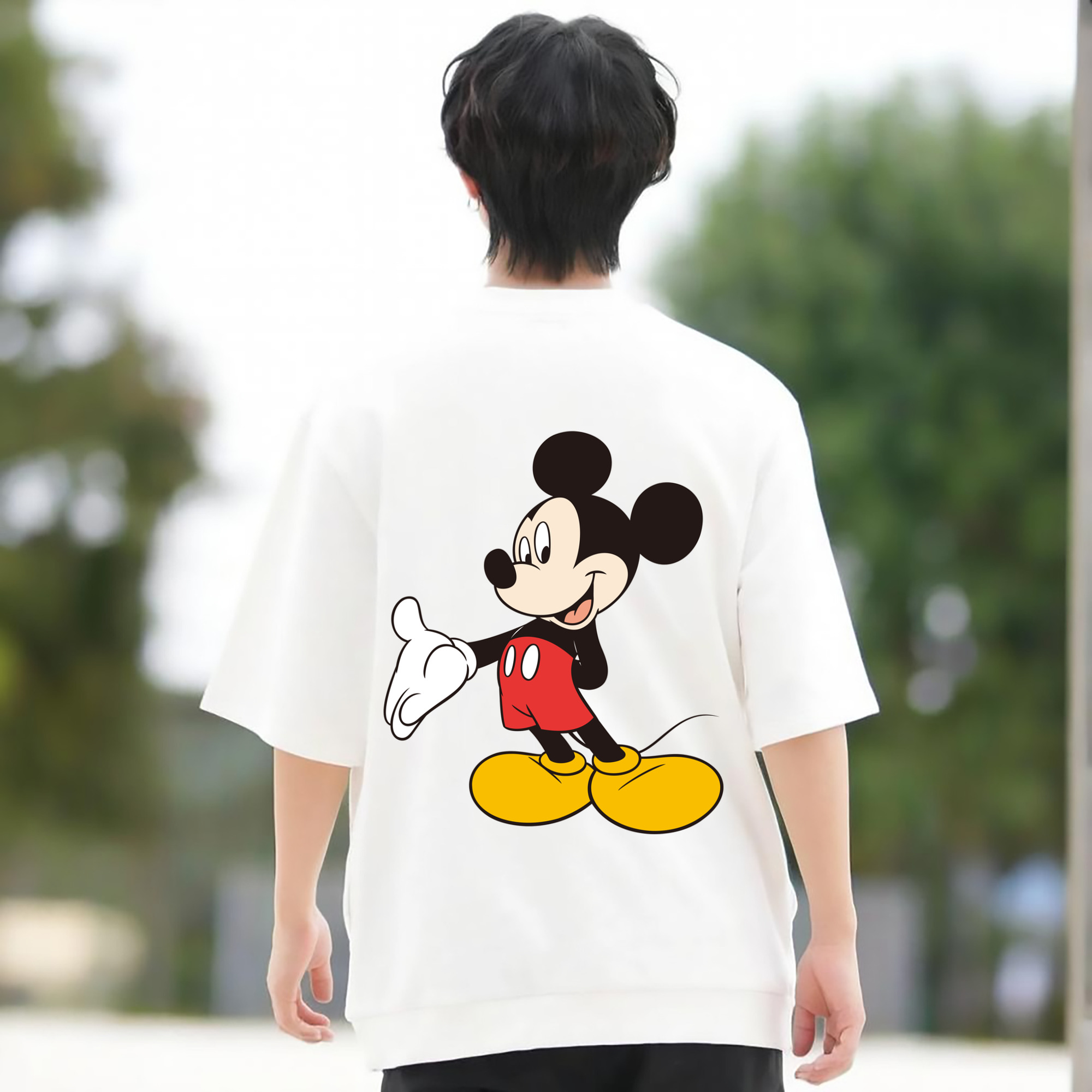 ミッキーマウス Mickey Mouse 綿100％ メンズ半袖Tシャツ（バックプリント） 通気性