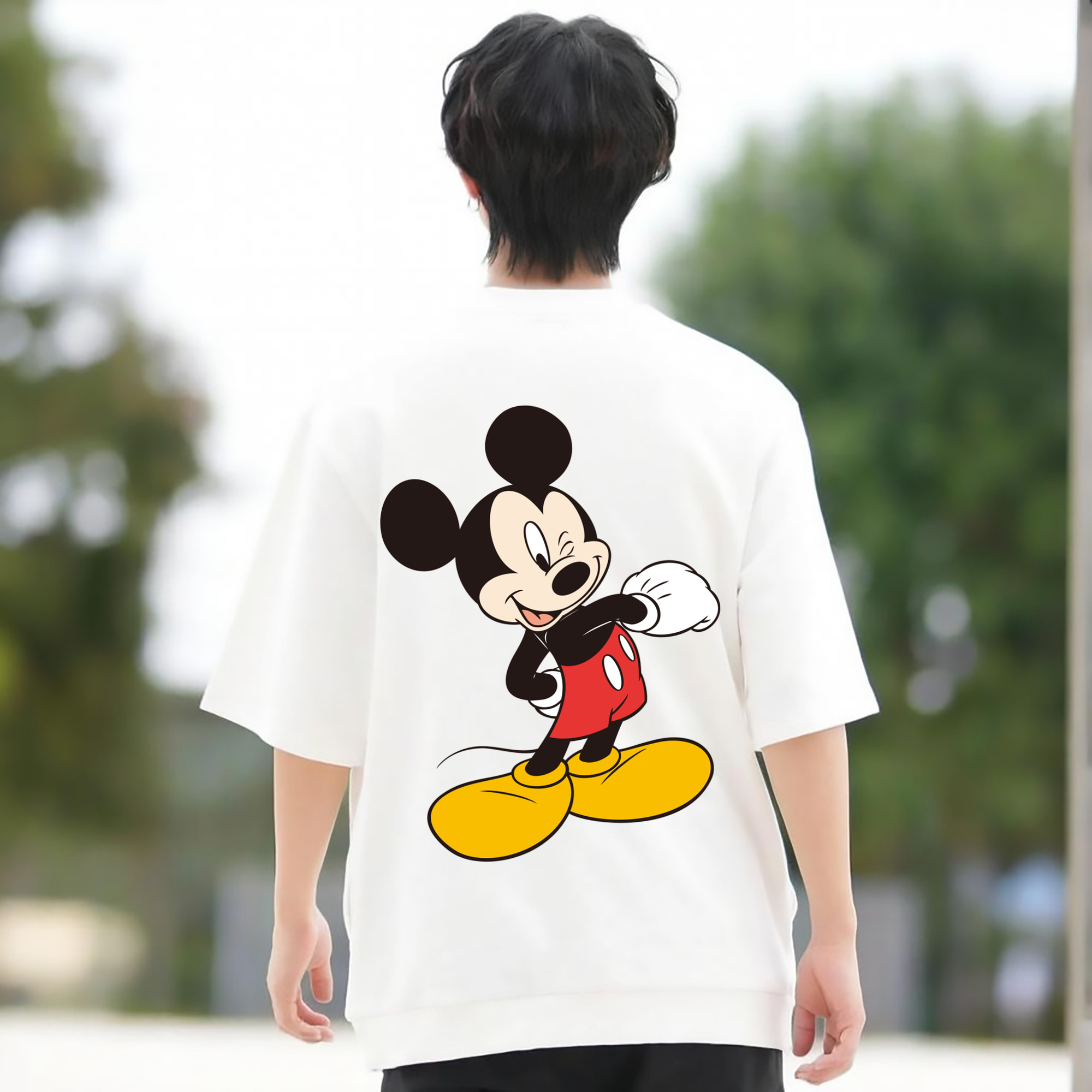 ミッキーマウス Mickey Mouse 綿100％ メンズ半袖Tシャツ（バックプリント） 通気性