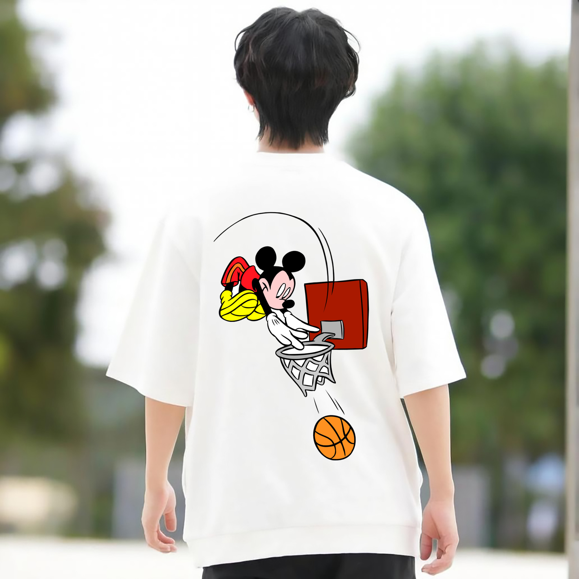 ミッキーマウス Mickey Mouse 綿100％ メンズ半袖Tシャツ（バックプリント） 通気性