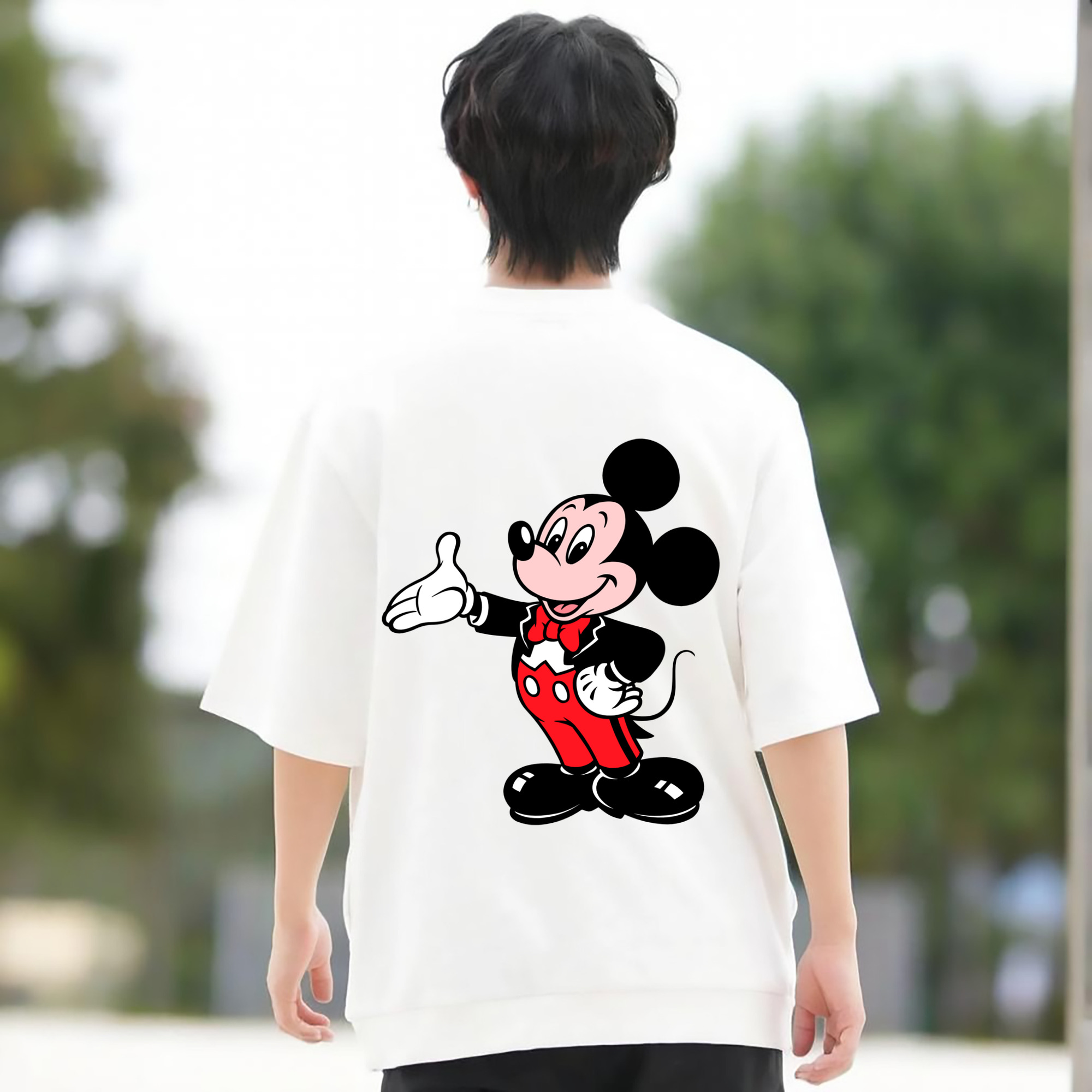 ミッキーマウス Mickey Mouse 綿100％ メンズ半袖Tシャツ（バックプリント） 通気性