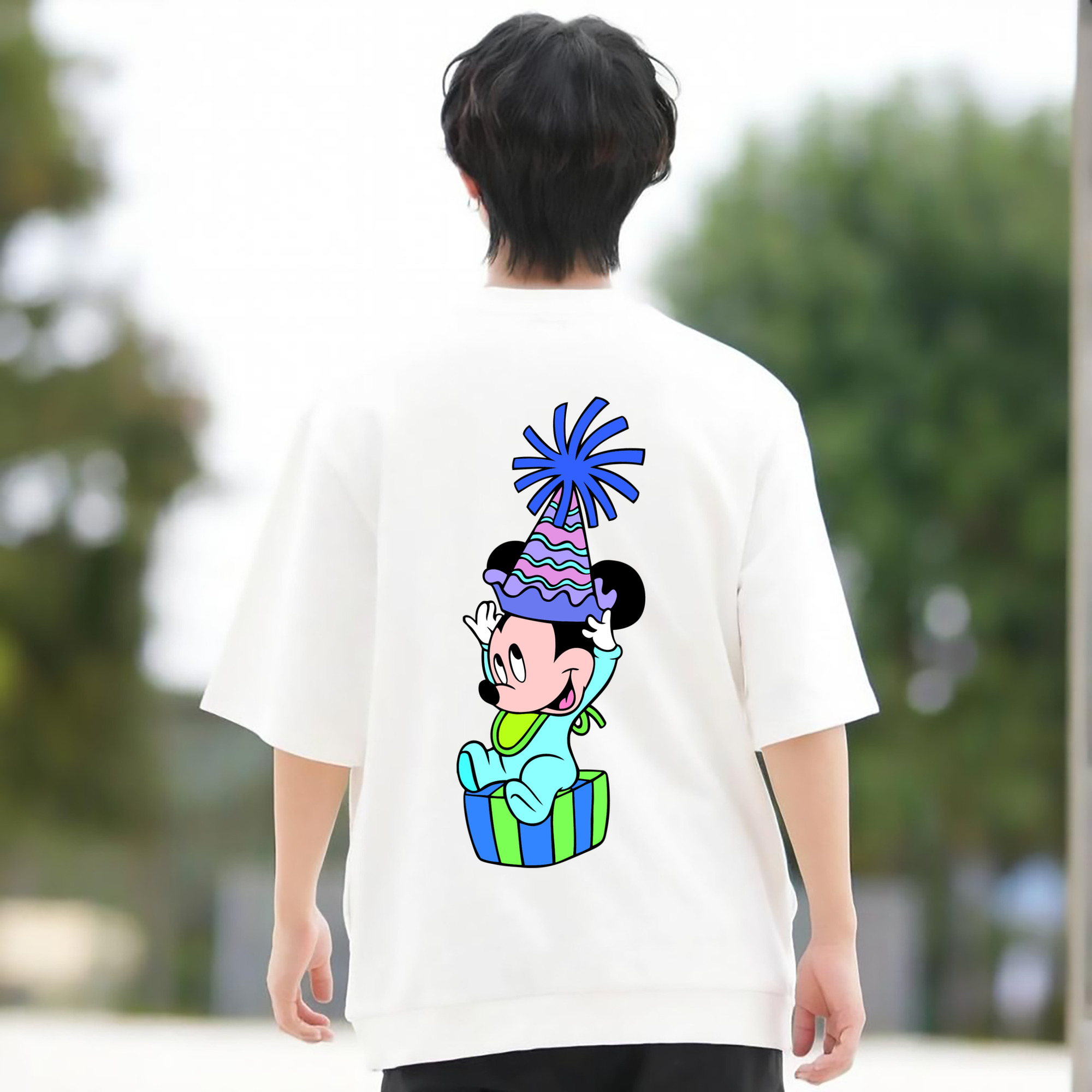 ミッキーマウス Mickey Mouse 綿100％ メンズ半袖Tシャツ（バックプリント） 通気性