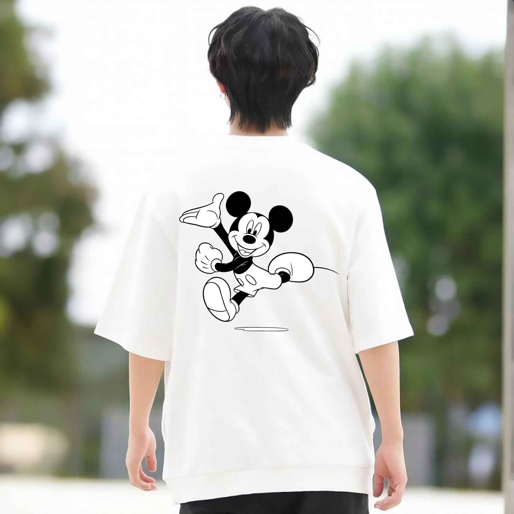 ミッキーマウス Mickey Mouse 綿100％ メンズ半袖Tシャツ（バックプリント） 通気性