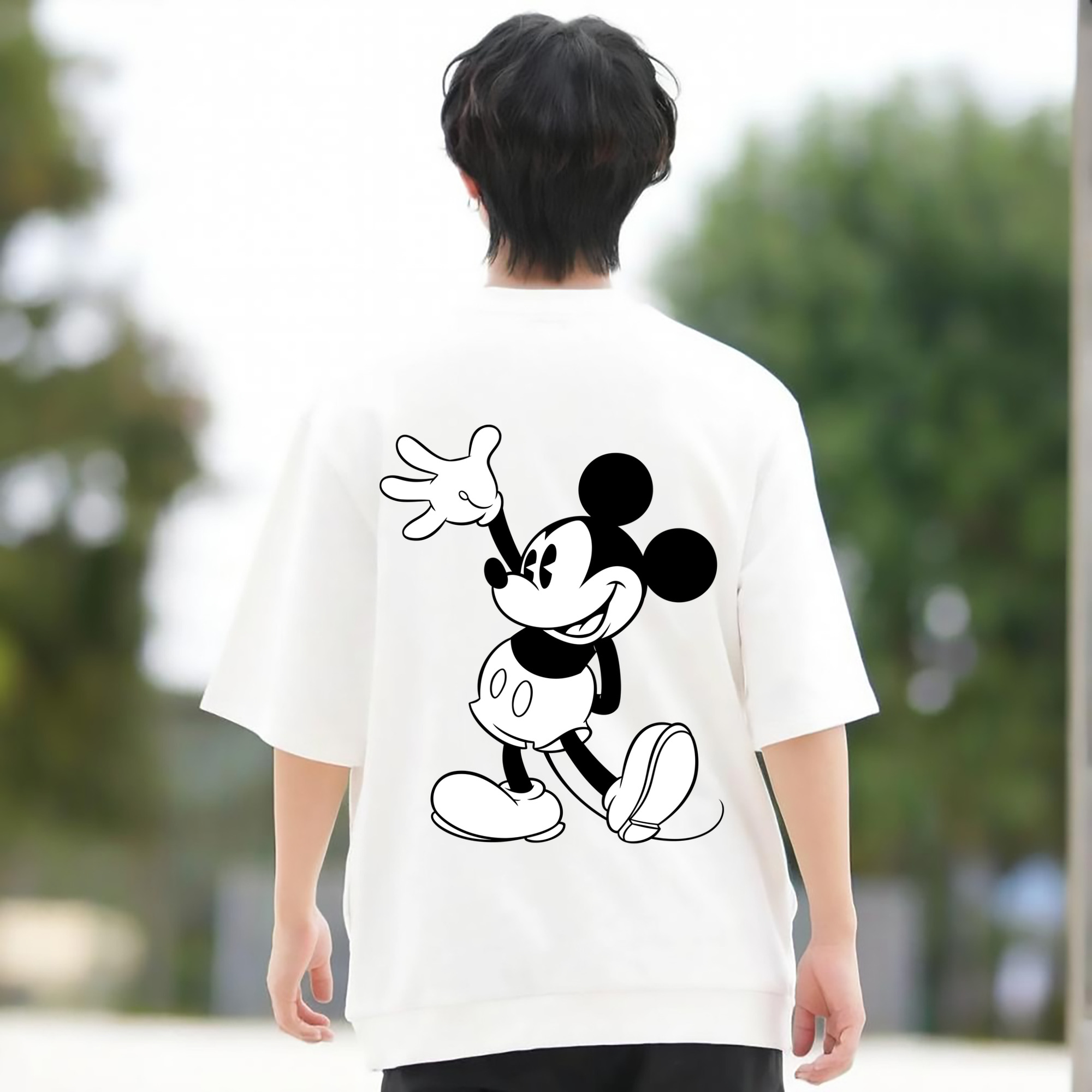 ミッキーマウス Mickey Mouse 綿100％ メンズ半袖Tシャツ（バックプリント） 通気性