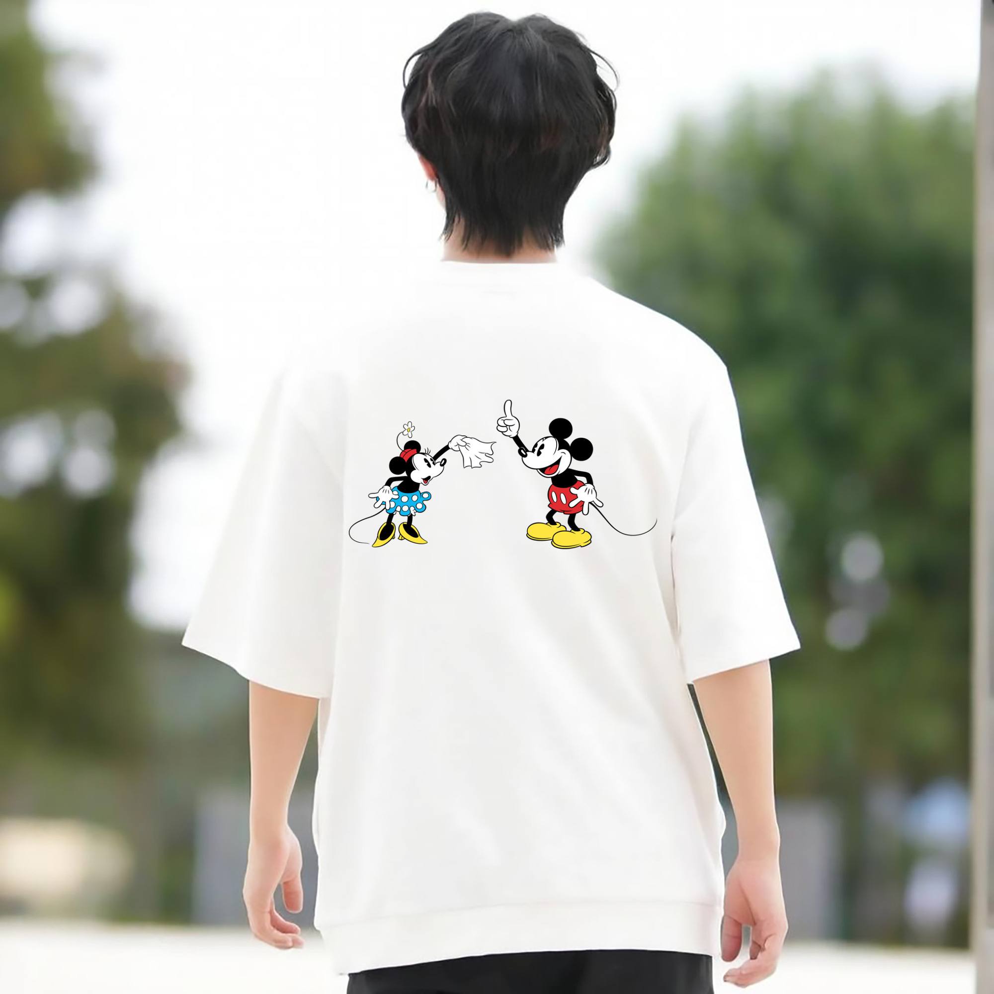 ミッキーマウス Mickey Mouse 綿100％ メンズ半袖Tシャツ（バックプリント） 通気性