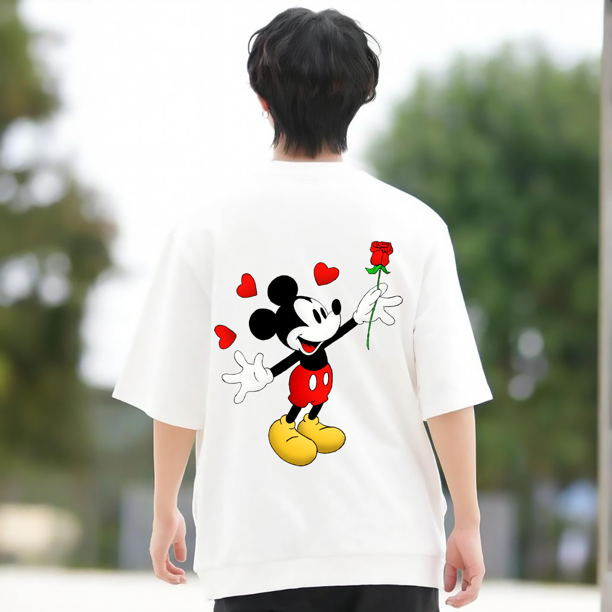 ミッキーマウス Mickey Mouse 綿100％ メンズ半袖Tシャツ（バックプリント） 通気性