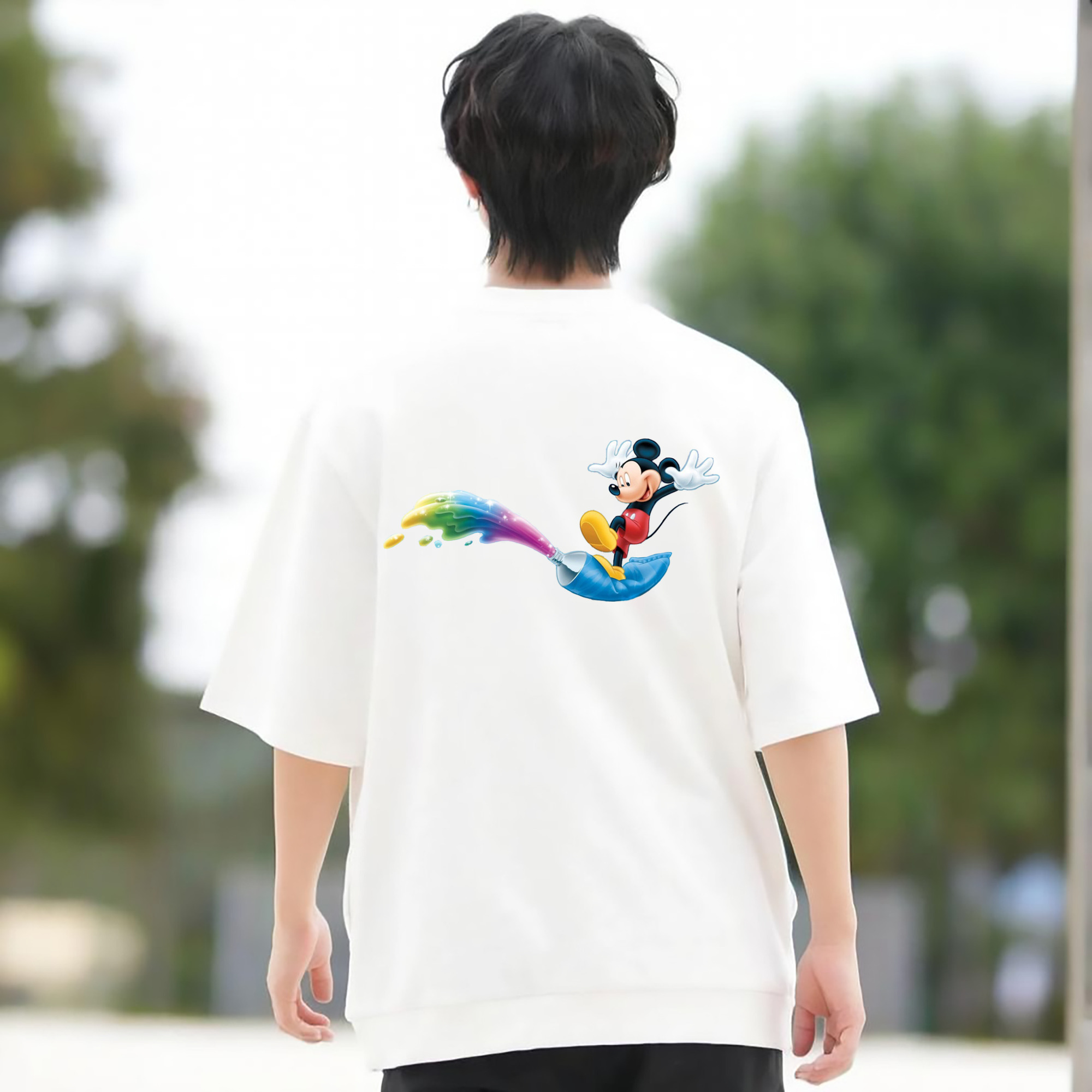ミッキーマウス Mickey Mouse 綿100％ メンズ半袖Tシャツ（バックプリント） 通気性