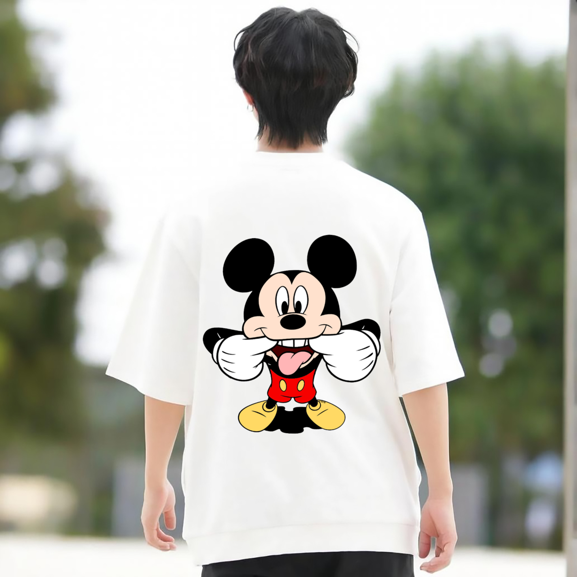 ミッキーマウス Mickey Mouse 綿100％ メンズ半袖Tシャツ（バックプリント） 通気性