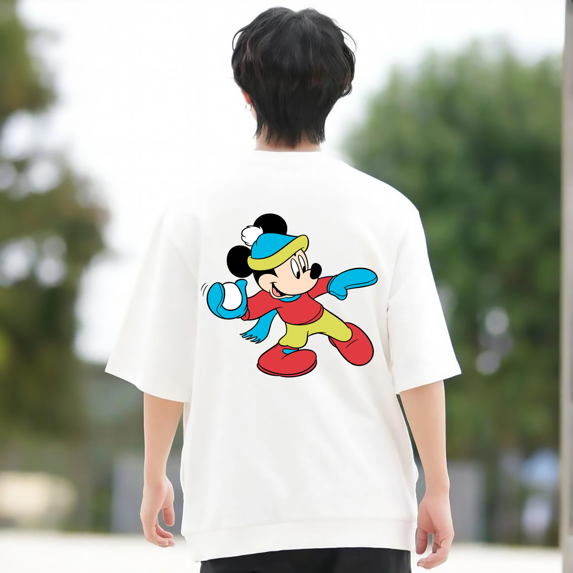 ミッキーマウス Mickey Mouse 綿100％ メンズ半袖Tシャツ（バックプリント） 通気性