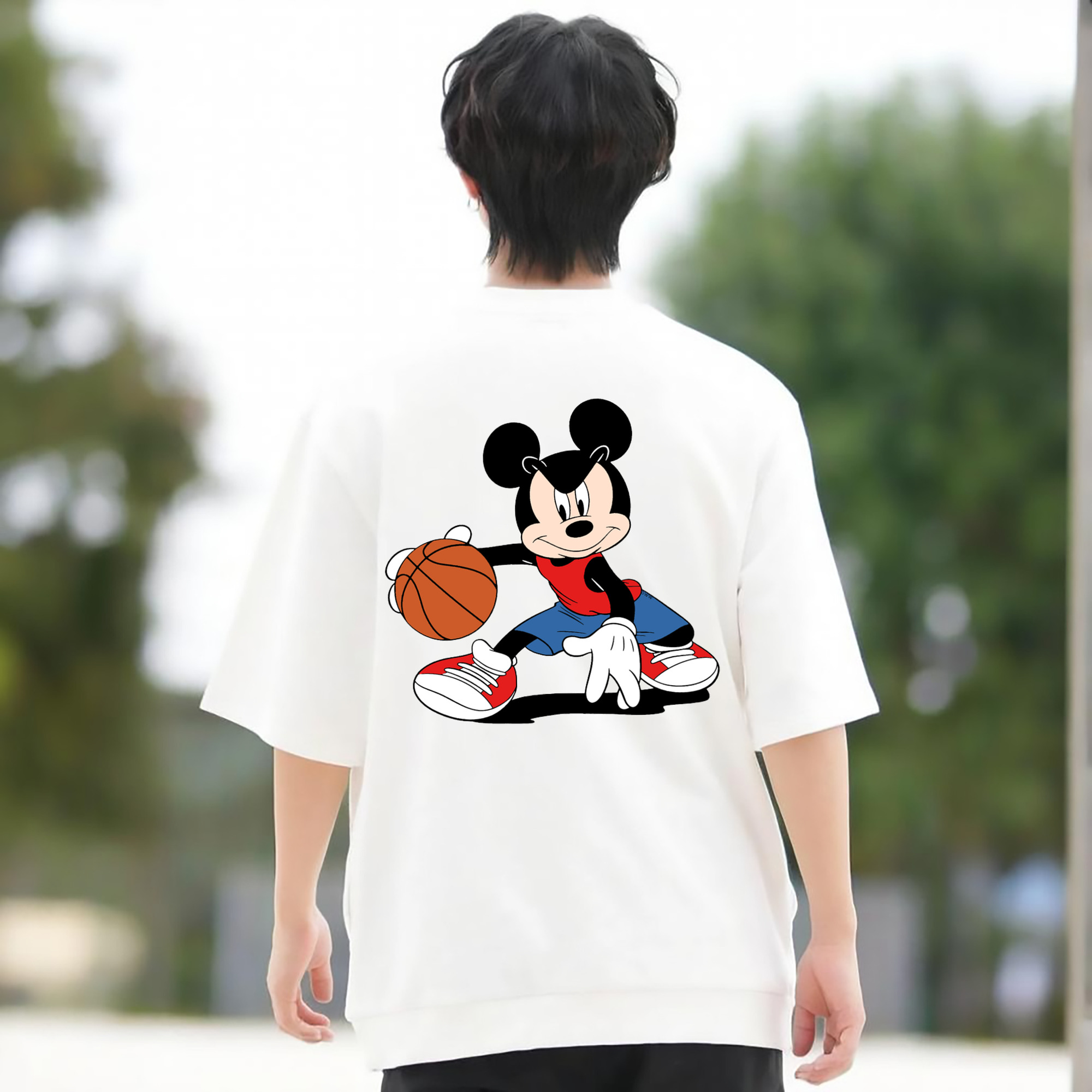 ミッキーマウス Mickey Mouse 綿100％ メンズ半袖Tシャツ（バックプリント） 通気性