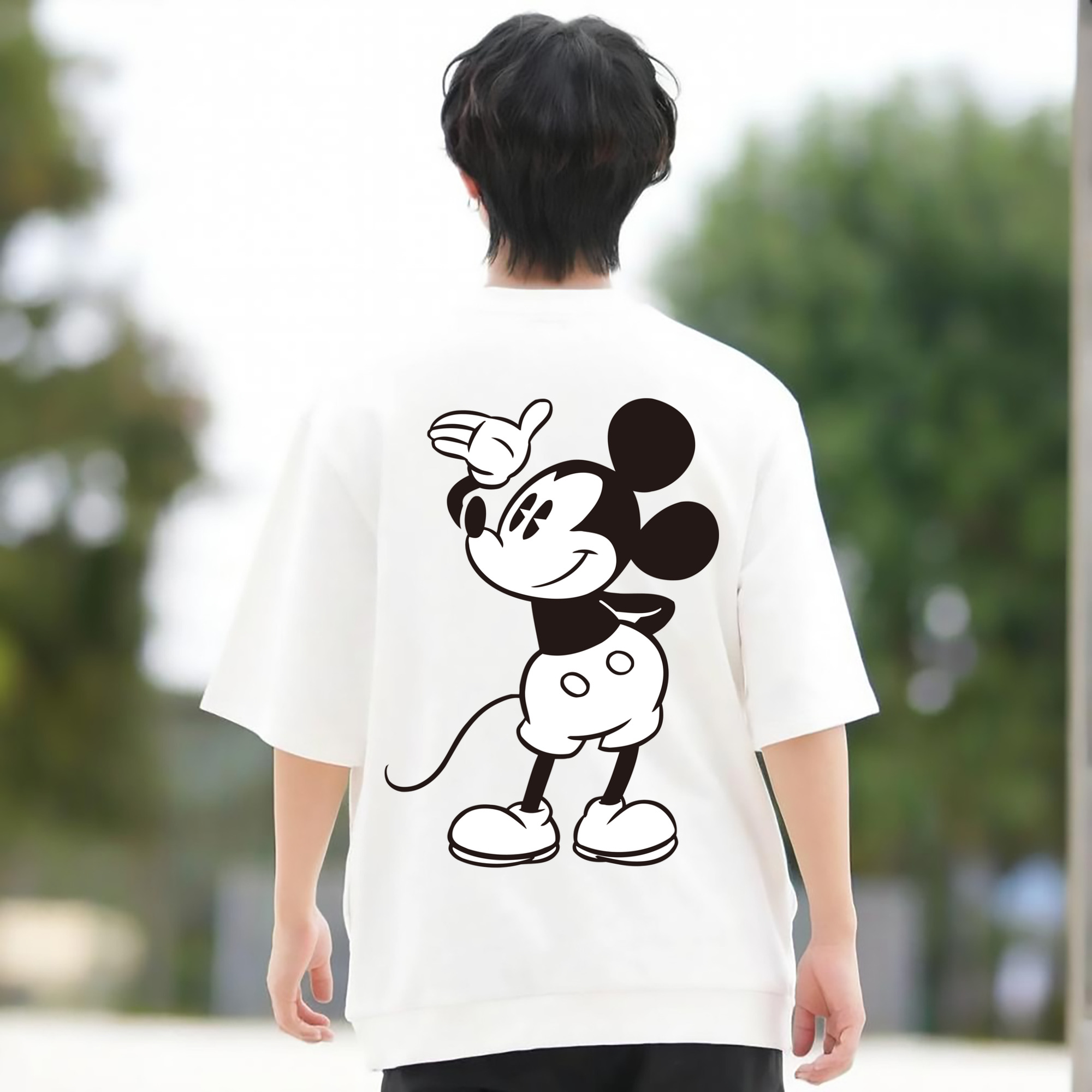 ミッキーマウス Mickey Mouse 綿100％ メンズ半袖Tシャツ（バックプリント） 通気性