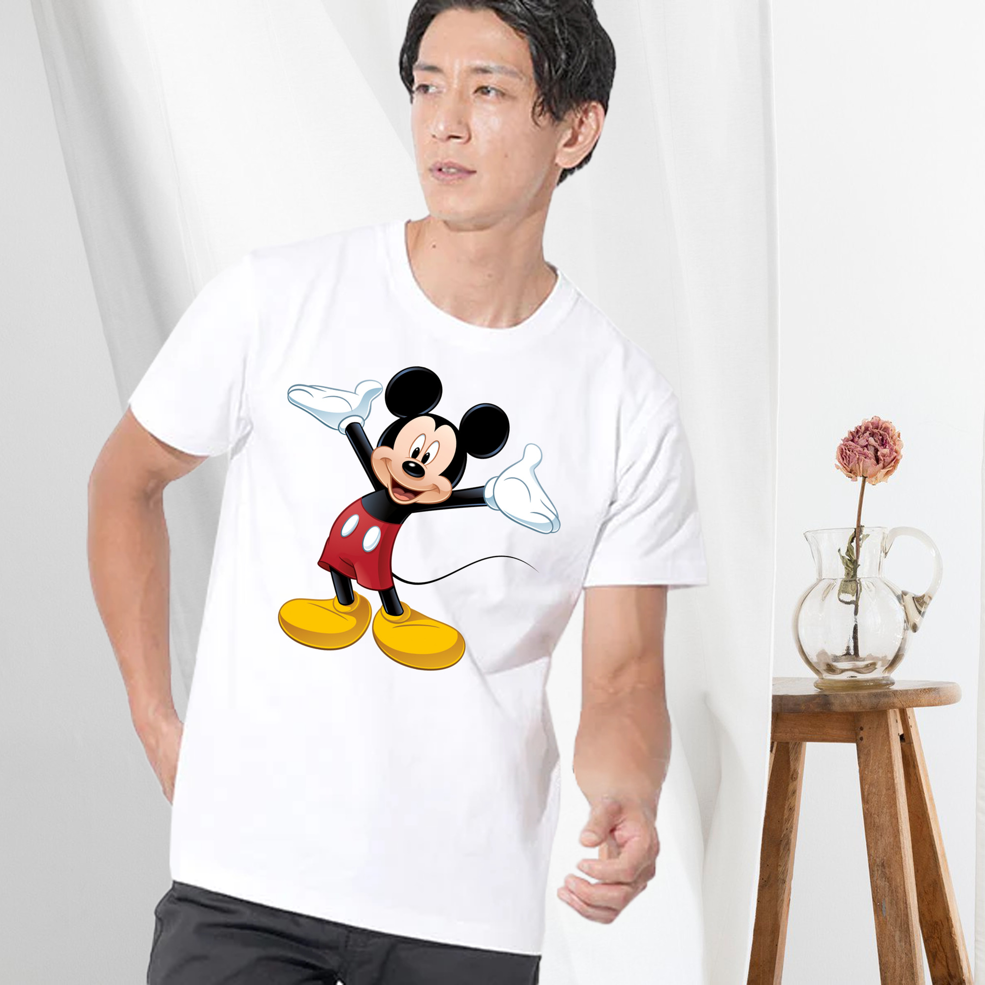 ミッキーマウス Mickey Mouse 綿100％ メンズ半袖Tシャツ｜肌触りやわらか＆通気性