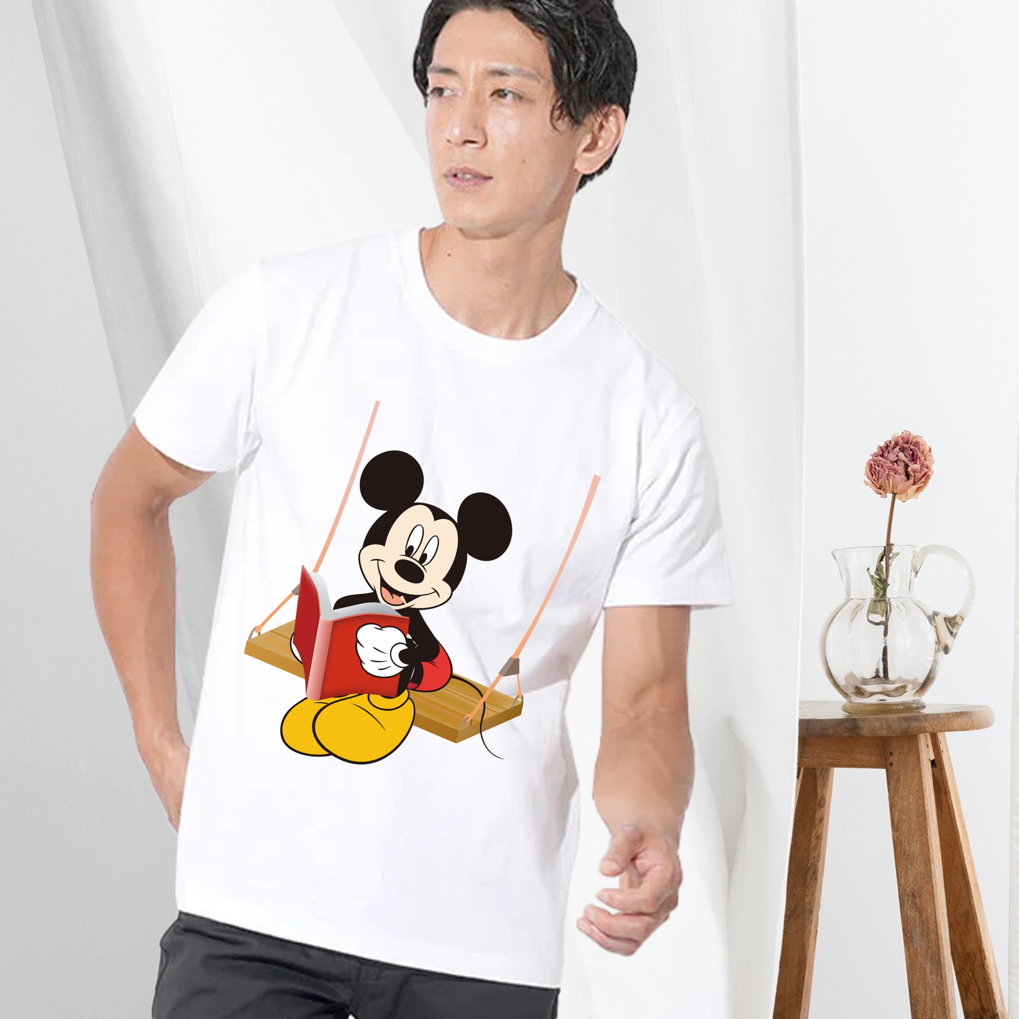 ミッキーマウス Mickey Mouse 綿100％ メンズ半袖Tシャツ｜肌触りやわらか＆通気性