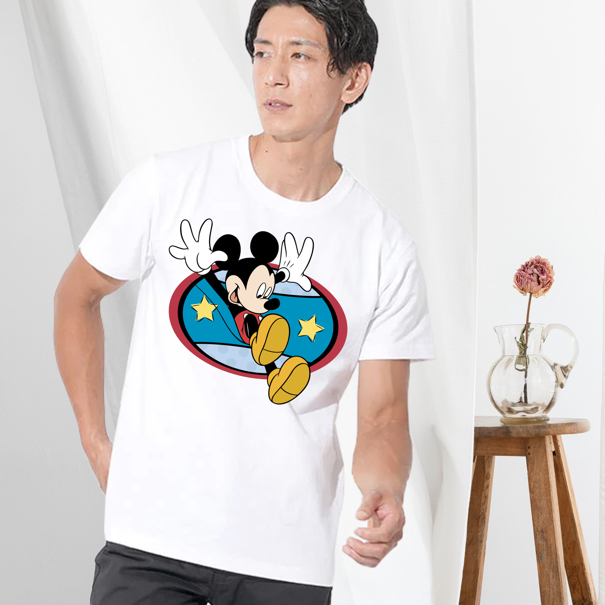 ミッキーマウス Mickey Mouse 綿100％ メンズ半袖Tシャツ｜肌触りやわらか＆通気性