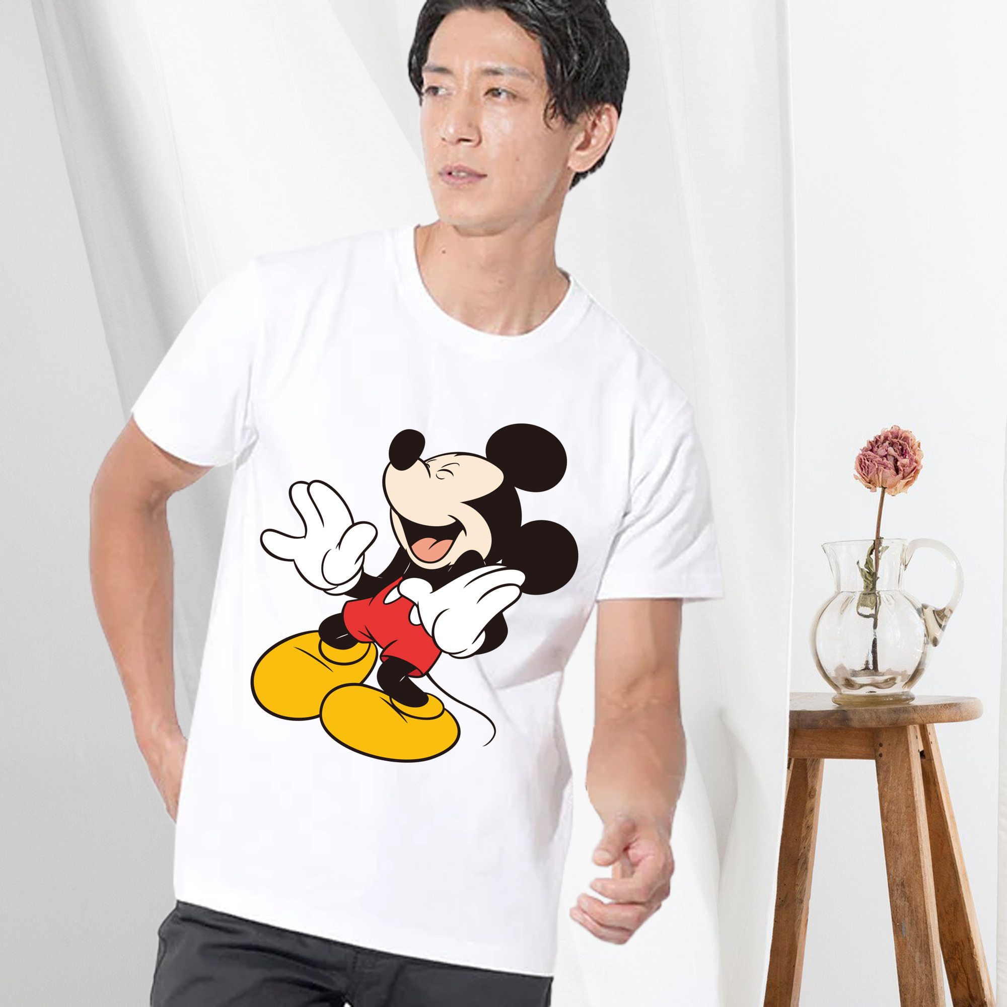ミッキーマウス Mickey Mouse 綿100％ メンズ半袖Tシャツ｜肌触りやわらか＆通気性