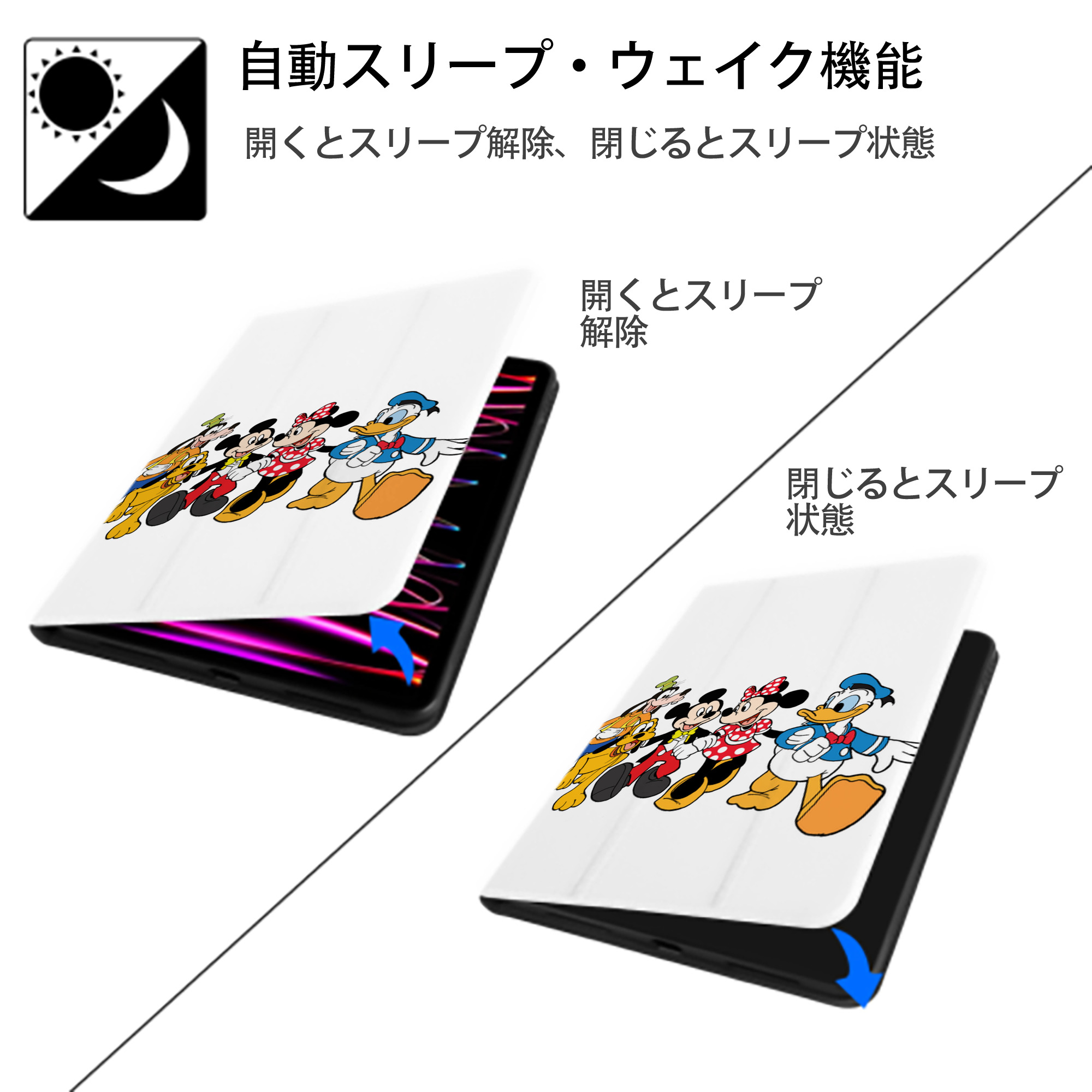 ミッキーマウス Mickey Mouse IPad ケース ペン収納付き 三つ折りスタンド PUレザー×シリコン 対応機種9.5/10.5/10.9インチ