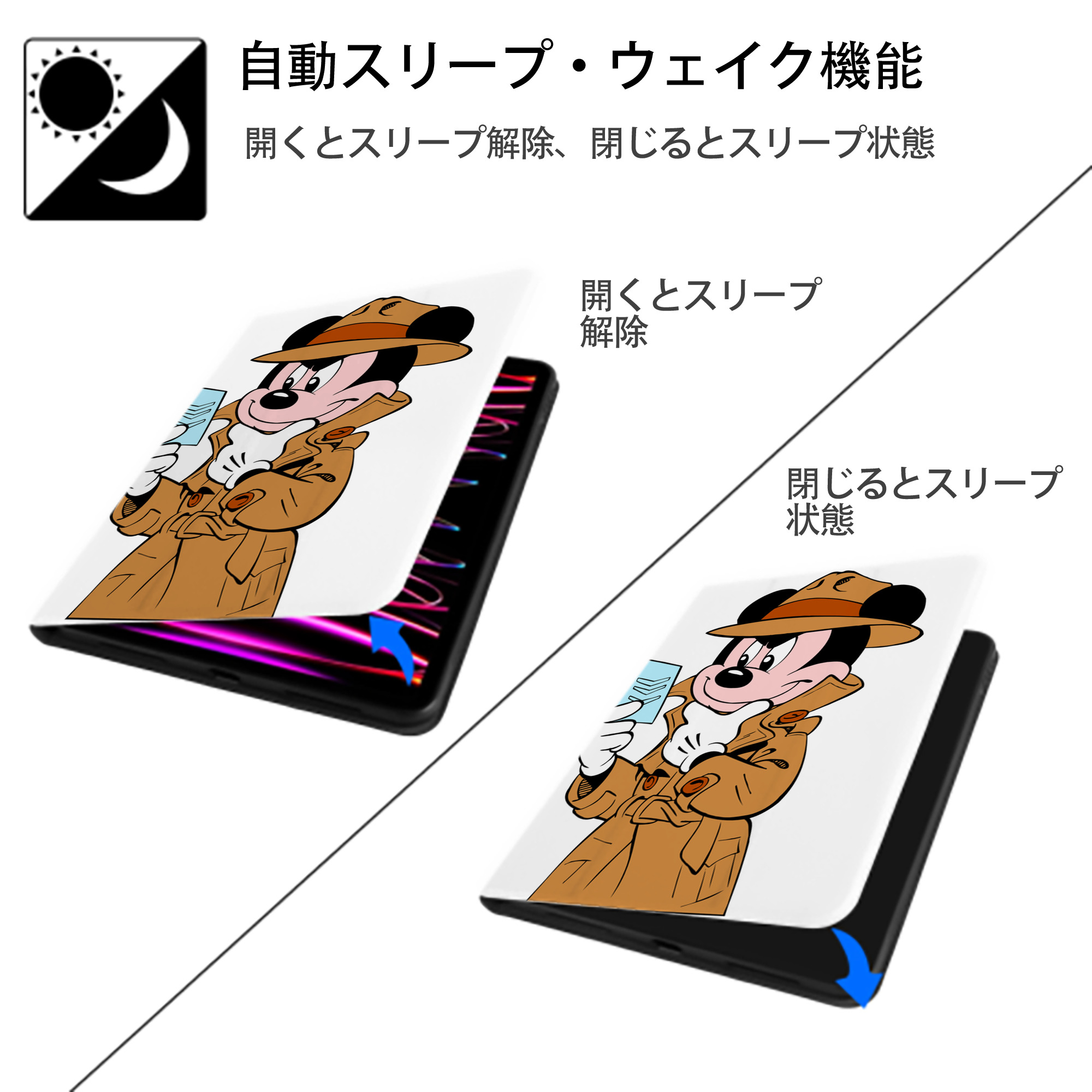 ミッキーマウス Mickey Mouse IPad ケース ペン収納付き 三つ折りスタンド PUレザー×シリコン 対応機種9.5/10.5/10.9インチ